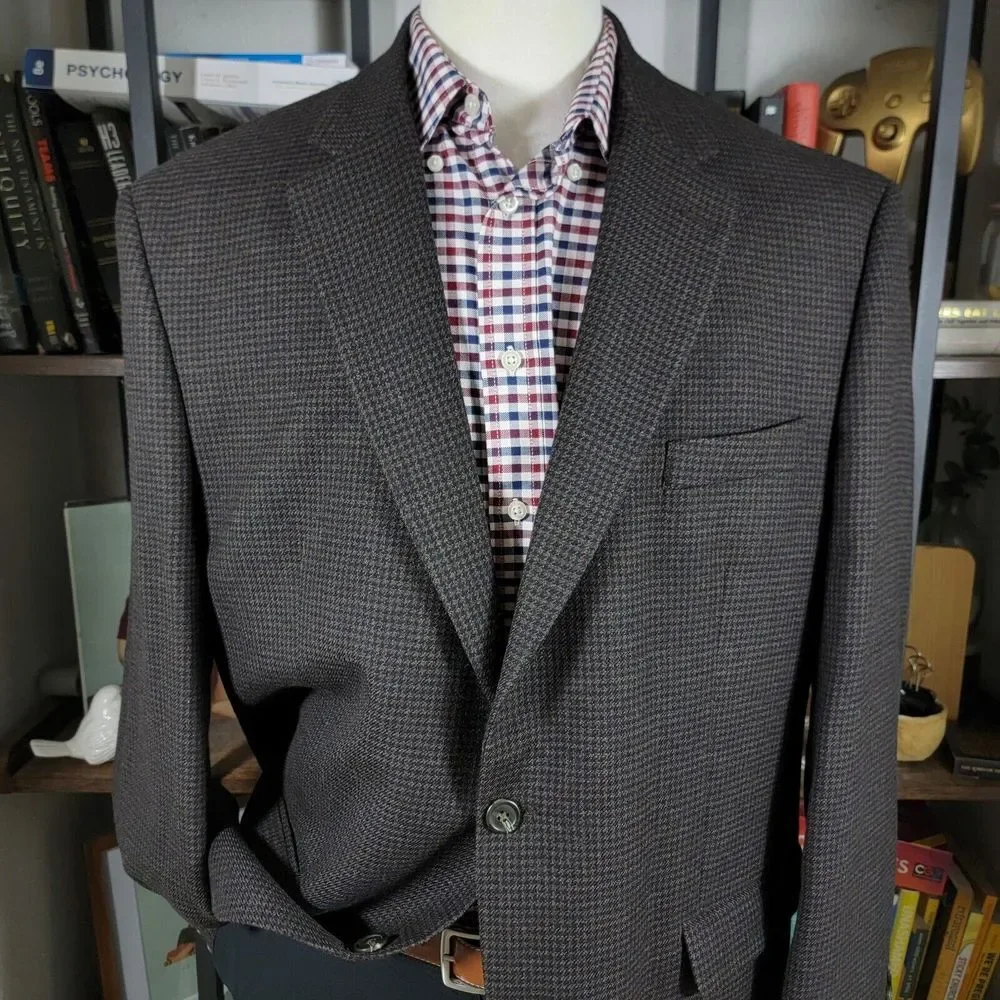Chaps Men's Tweed Sport Coat Blazer Two Button Twill Houndstooth Brown Wool 46R‎